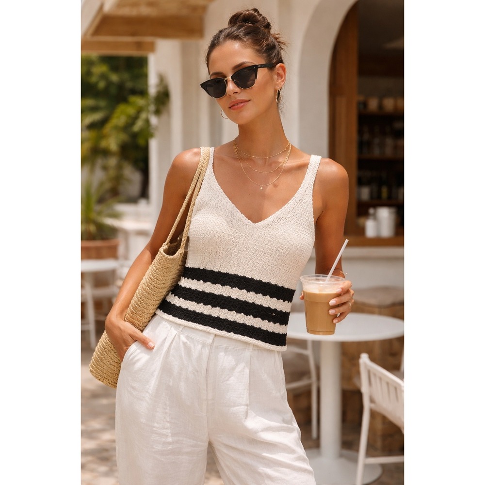 Primark Crochet‎ Tank XS Black Cream Striped Boho Coastal Knit Cami